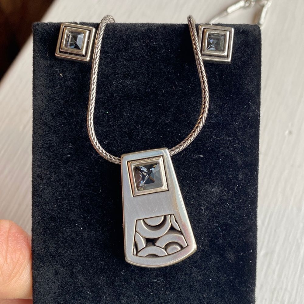 BRIGHTON Bloc Haus silver with blue Gray Crystal Pendant Necklace and earrings